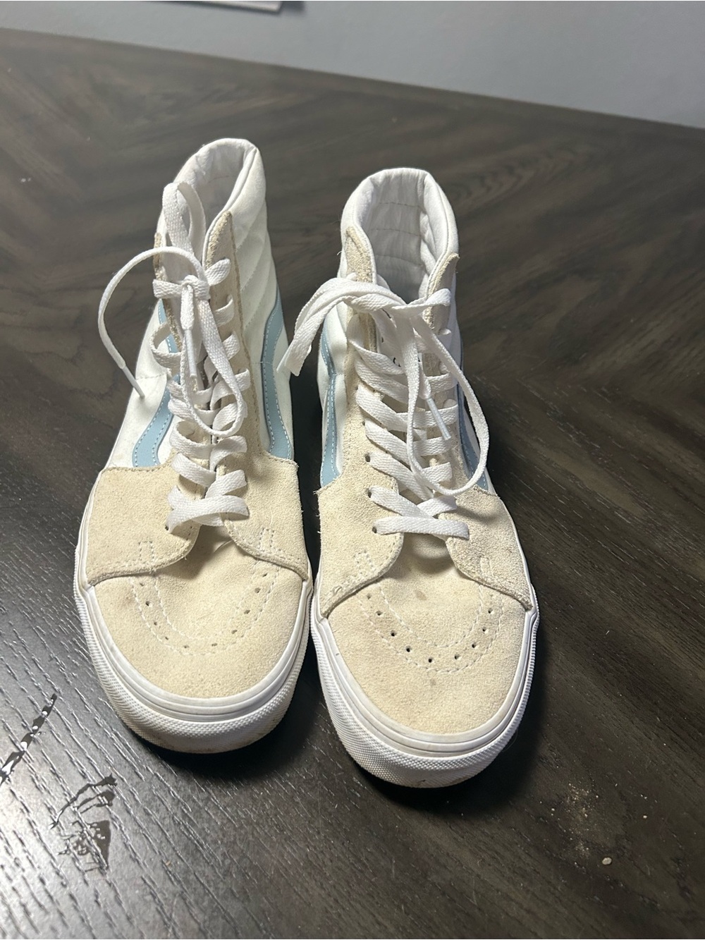 Vans High-Top Women’s Suede & Canvas Sneakers in Cream and Light Blue